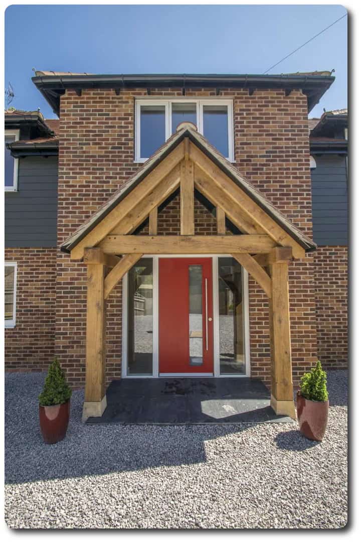 Pillar Box Red Front Door and Natural Oak Porch