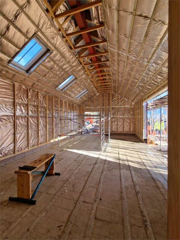 Internal View of Timber Frame Construction Construction with insulating material for energy efficiency