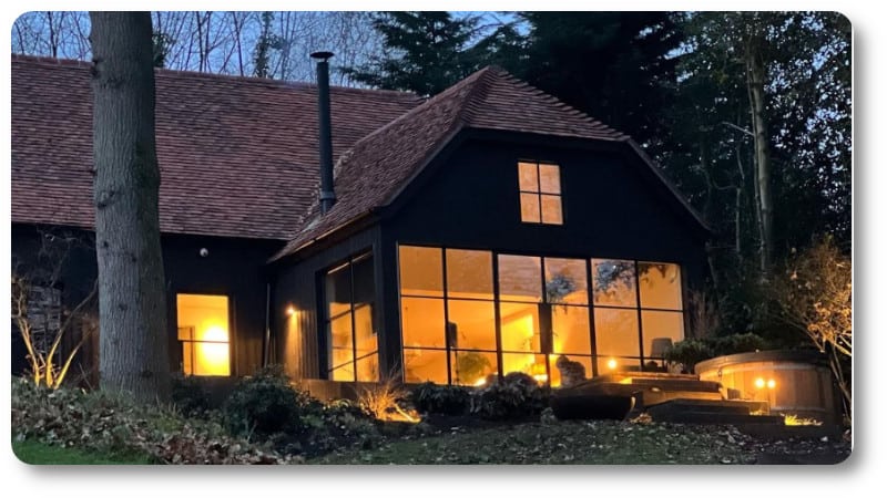 Finished Timber Frame Barn with Lights On